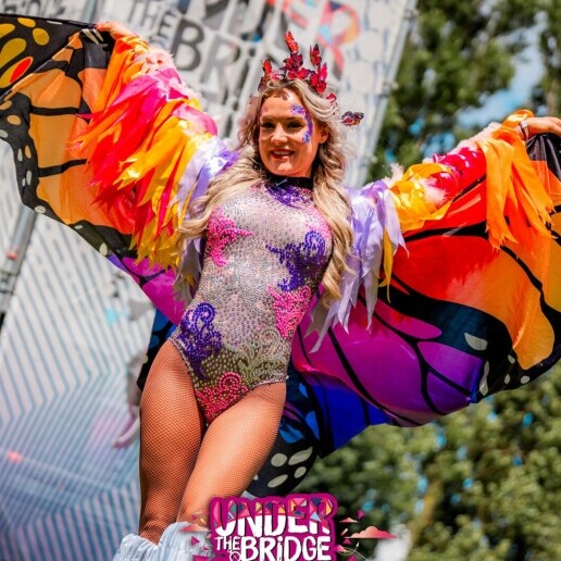 Festival stilt walkers in theme